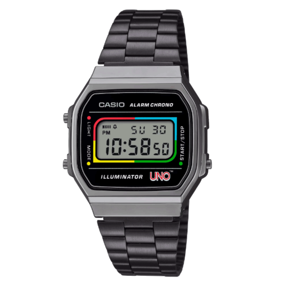 Reloj Casio Vintage A168WEUC-1A "Cartas UNO" Mattel Edición Limitada