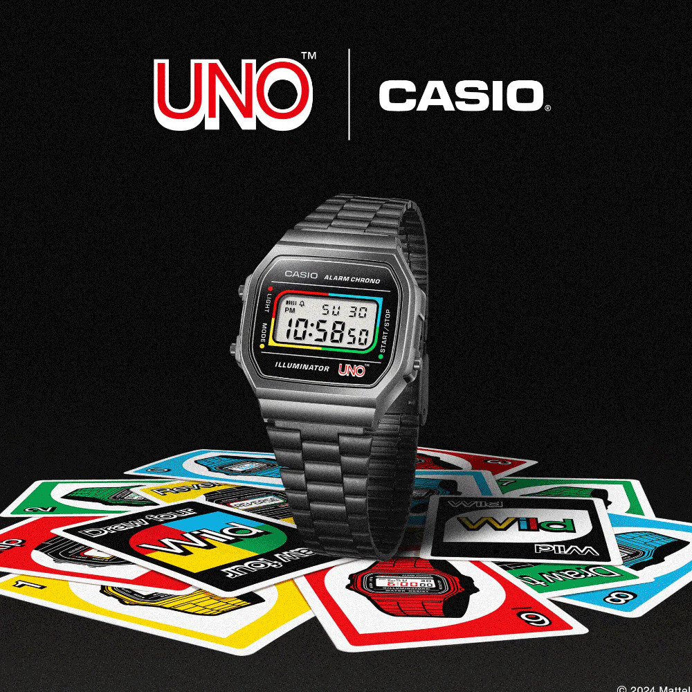 Reloj Casio Vintage A168WEUC-1A "Cartas UNO" Mattel Edición Limitada