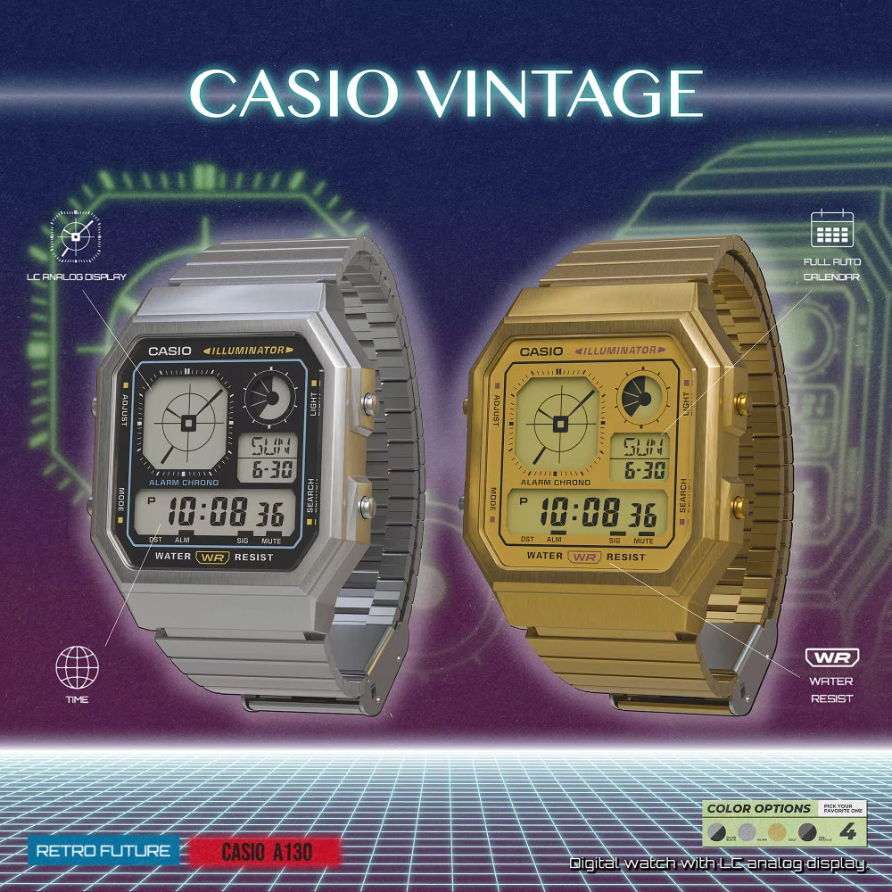 Reloj Casio Vintage A130WE-7A Nuevo Twin-Graph Plateado