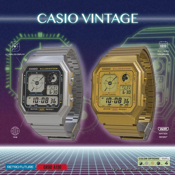 Reloj Casio Vintage A130WE-7A Nuevo Twin-Graph Plateado