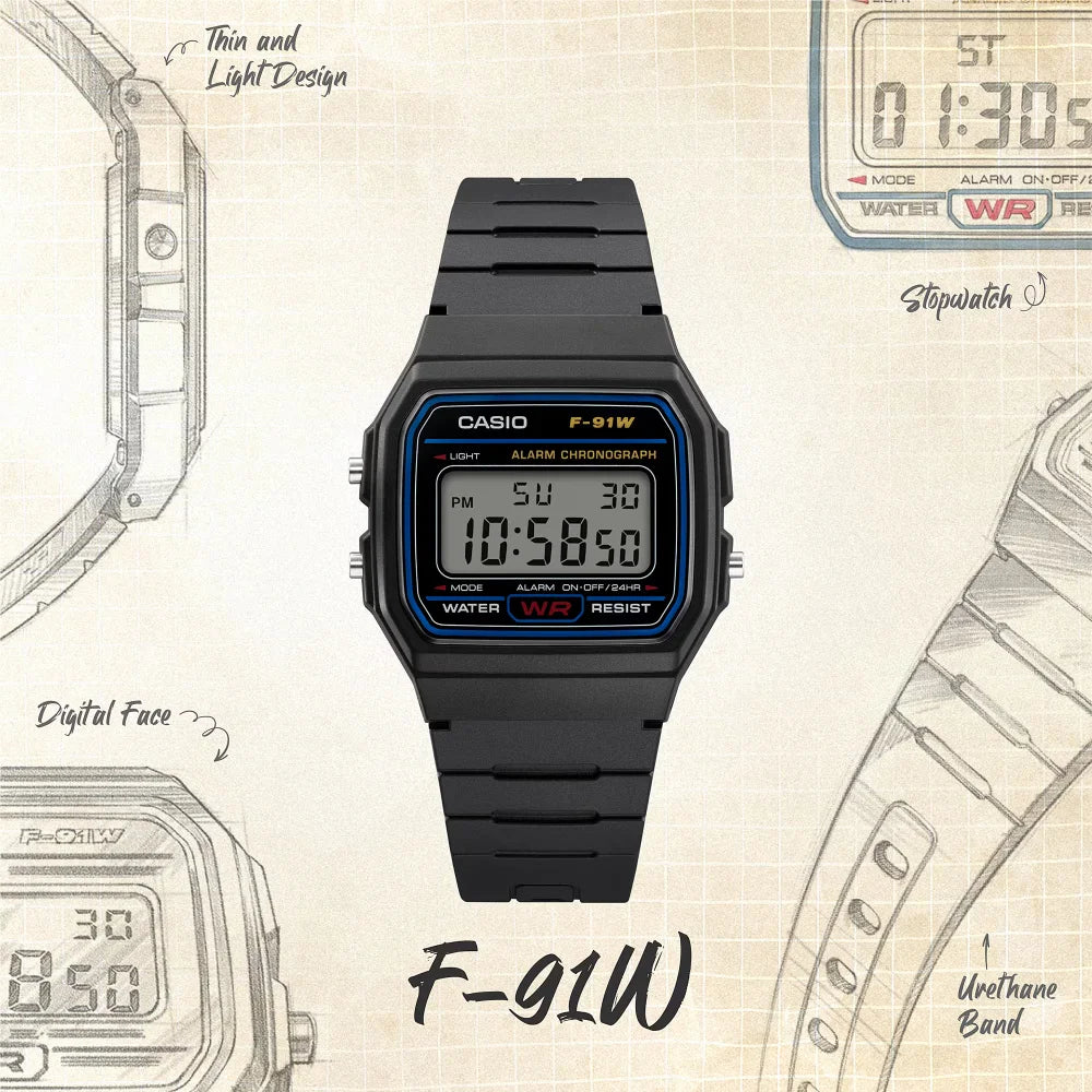 Reloj Casio Vintage F-91W-1DG Clásico Líneas Azules