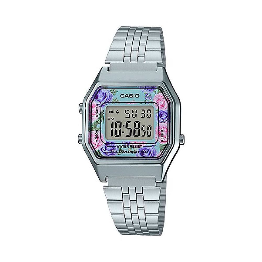 Reloj Casio Vintage LA680WA 2CDF Plateado Flores Dando la Hora Dando La Hora