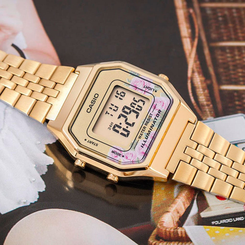 Reloj Casio Vintage Mujer Dorado Flores LA-680WGA-4C
